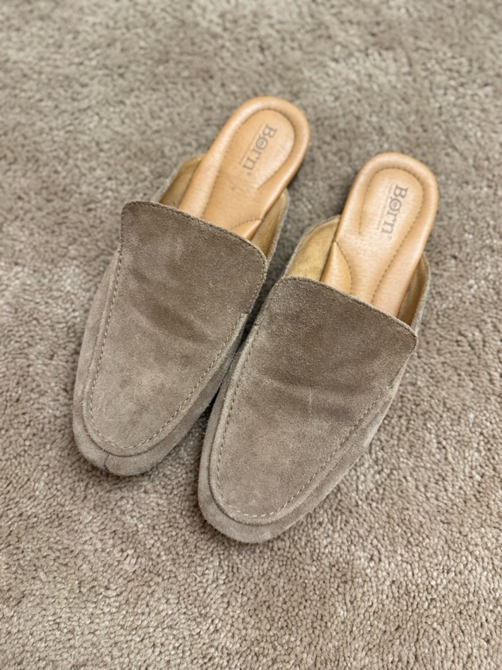 Born Lamara Taupe Suede Cushioned Mules Flat Slip-On Loafers